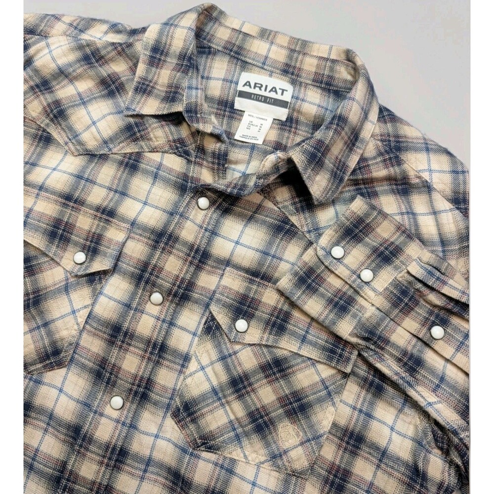 Ariat Retro Fit Pearl Snap Shirt Mens Size Medium Plaid Western Cowboy Rodeo